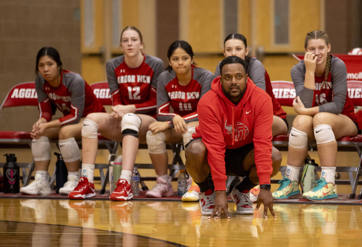 Arbor View Head Coach Josh Baugus anxiously watches his team play during the high school volley ...