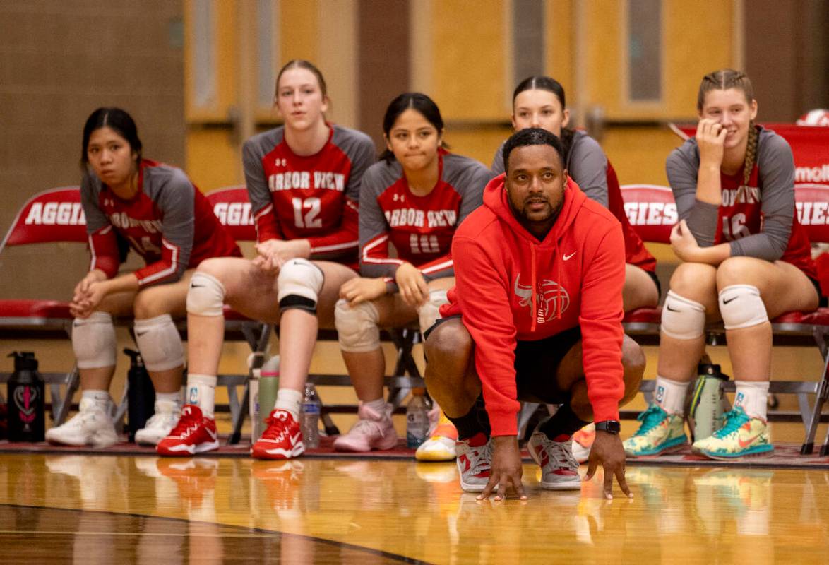 Arbor View Head Coach Josh Baugus anxiously watches his team play during the high school volley ...