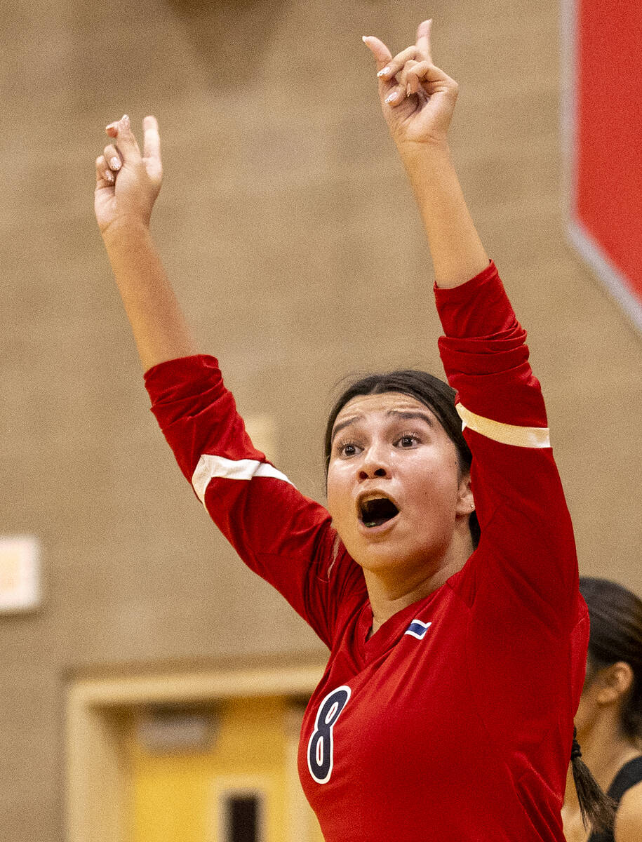 Liberty junior Aryanna Paredes (8) yells that the ball was out-of-bounds during the high school ...