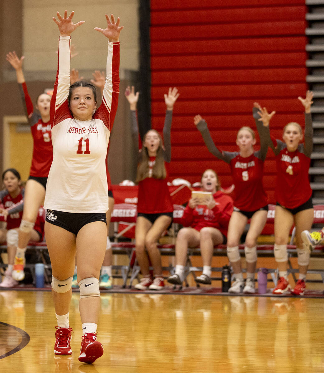 Arbor View junior Lauryn Brenner (11) celebrates a point gained from a block during the high sc ...