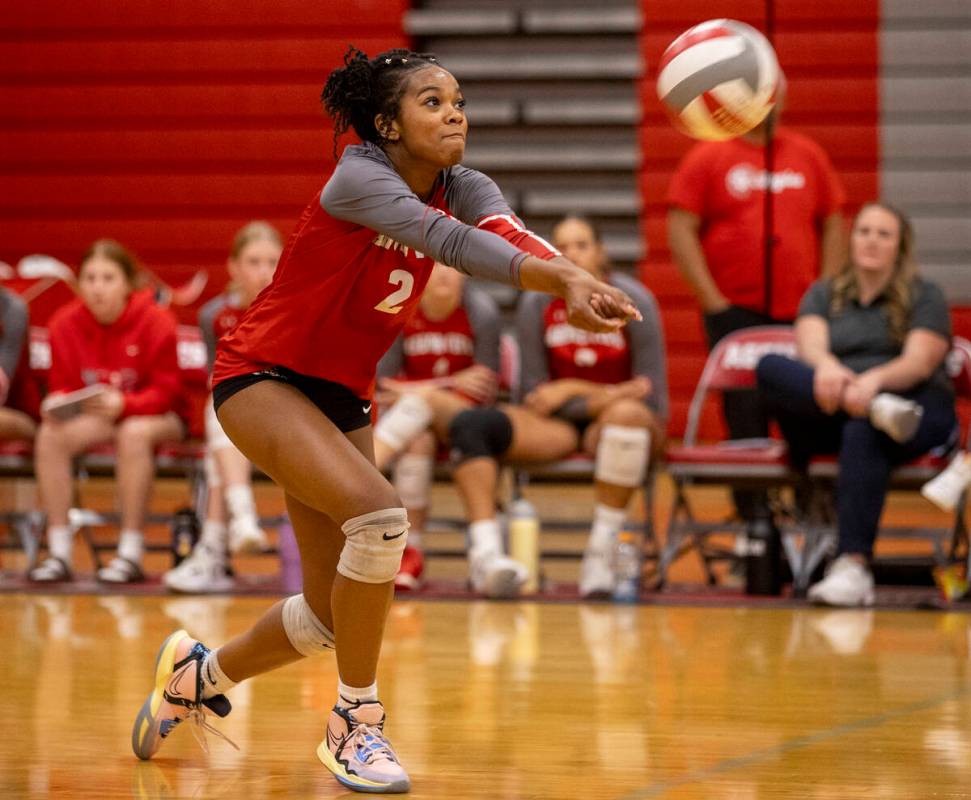 Arbor View junior Cameron Reese (2) competes during the high school volleyball game against Lib ...