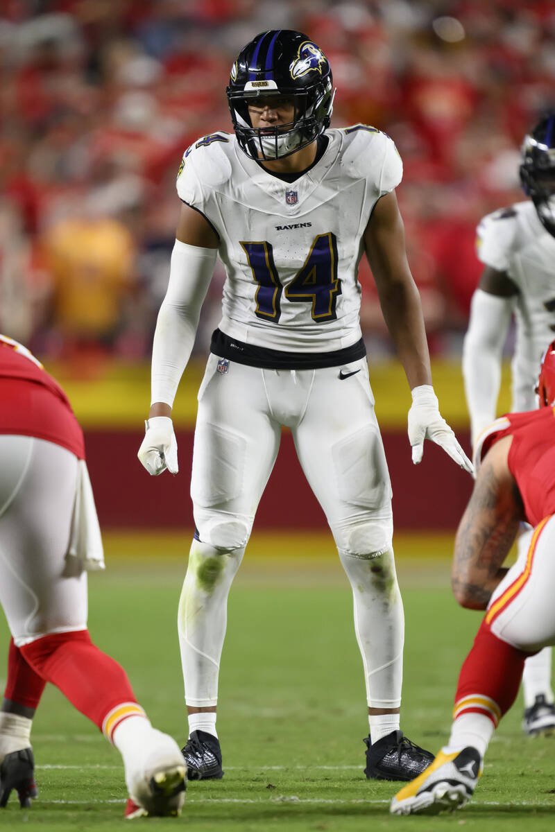 Baltimore Ravens safety Kyle Hamilton (14) prepares for the snap during the second half of an N ...