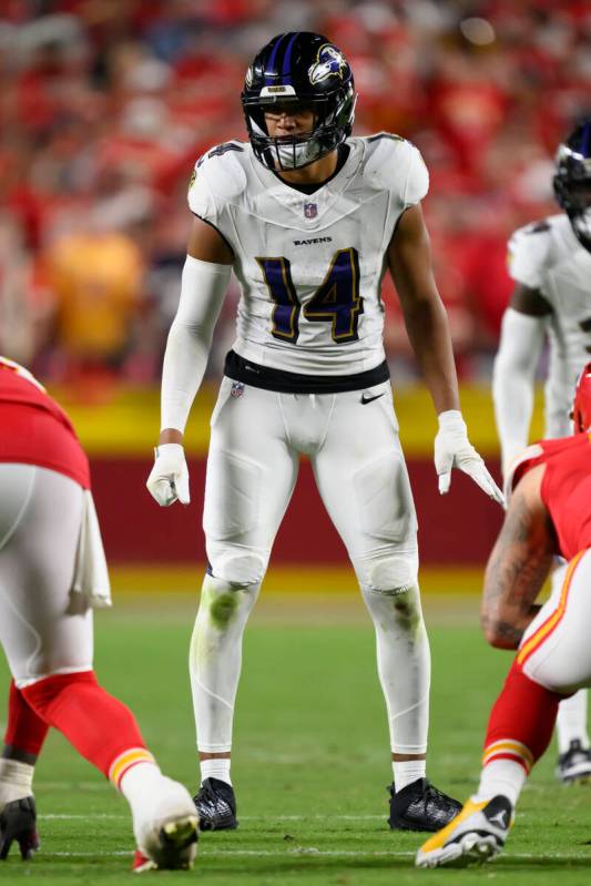 Baltimore Ravens safety Kyle Hamilton (14) prepares for the snap during the second half of an N ...