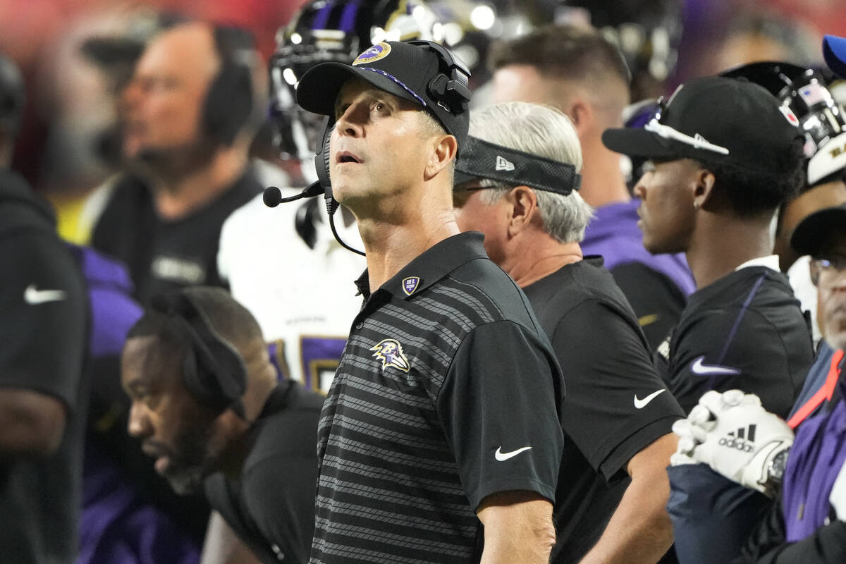 Baltimore Ravens head coach John Harbaugh watches from the sidelines during the second half of ...