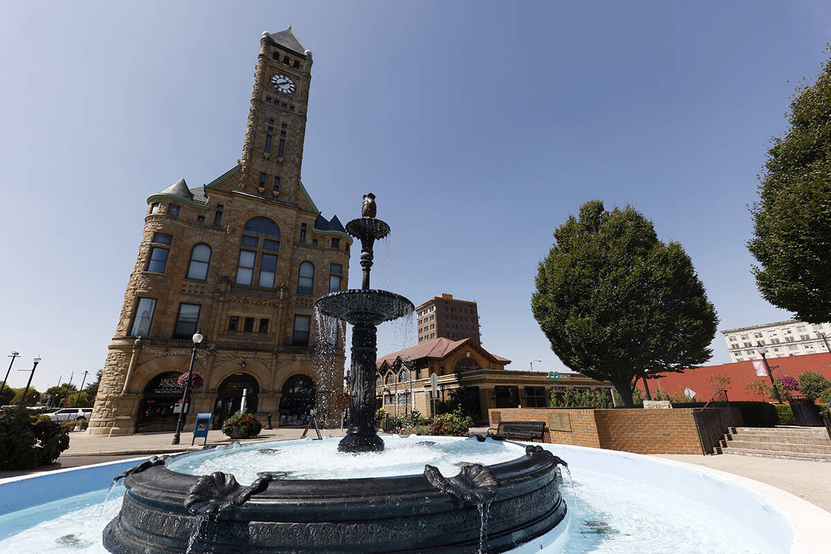 Water flows through the fountain in Fountain Square in Springfield, Ohio, Wednesday, Sept. 11, ...