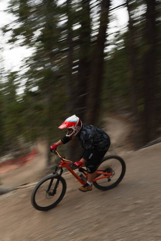 A mountain biker speeds down the course at Lee Canyon on Saturday, Sept. 7, 2024, at Mount Char ...