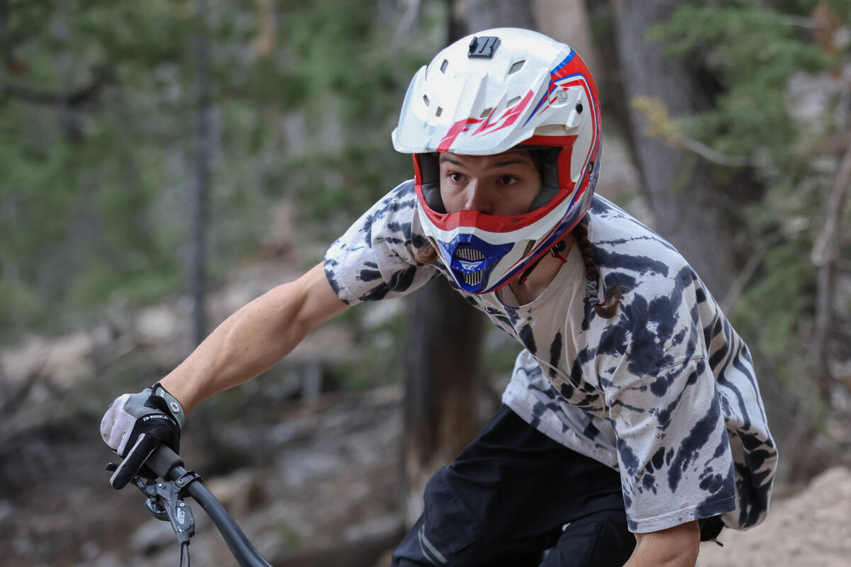 A mountain biker powers forward at Lee Canyon on Saturday, Sept. 7, 2024, at Mount Charleston. ...