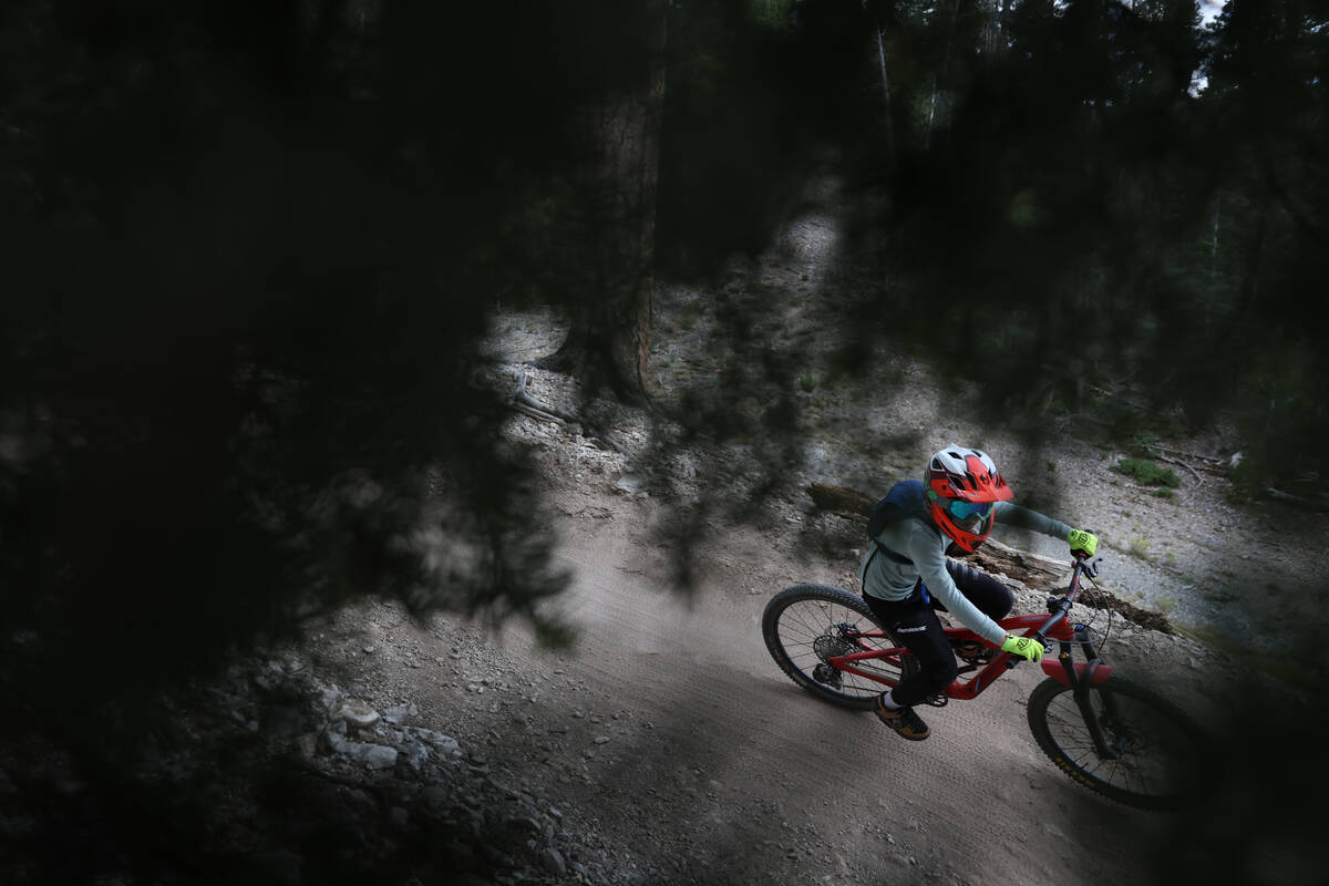 A mountain biker finishes the last leg of the course at Lee Canyon on Saturday, Sept. 7, 2024, ...