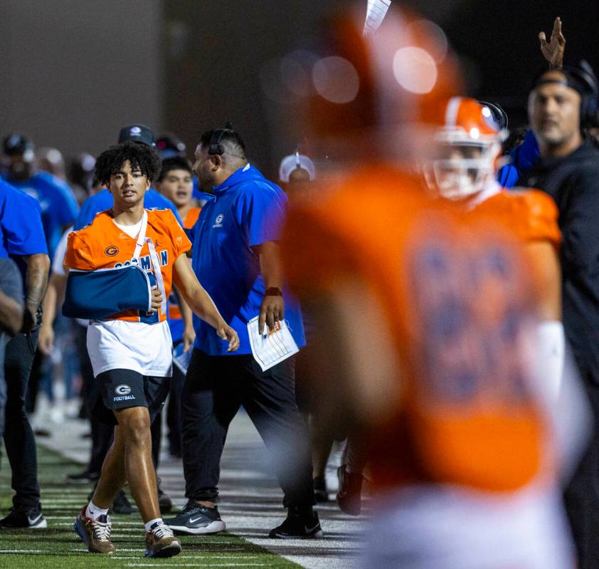 Bishop Gorman quarterback Melvin Spicer IV (2) watches his team score from the sidelines agains ...