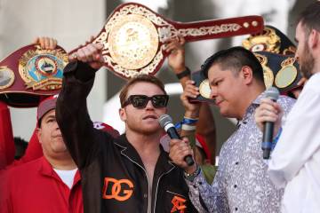 Canelo Alvarez pumps up the crowd during weigh ins ahead of his super middleweight title boxing ...