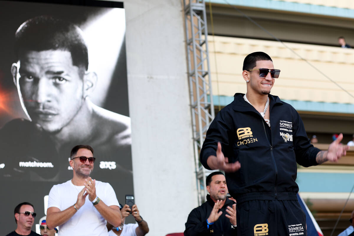 Edgar Berlanga takes the stage for weigh ins ahead of his super middleweight boxing bout agains ...