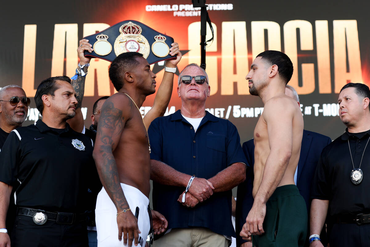 Erislandy Lara, left, and Danny Garcia face off during weigh ins ahead of their WBA middleweigh ...