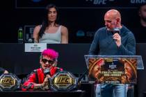 Fighter Sean O'Malley speaks as Dana White moderates during the UFC 306 press conference at the ...