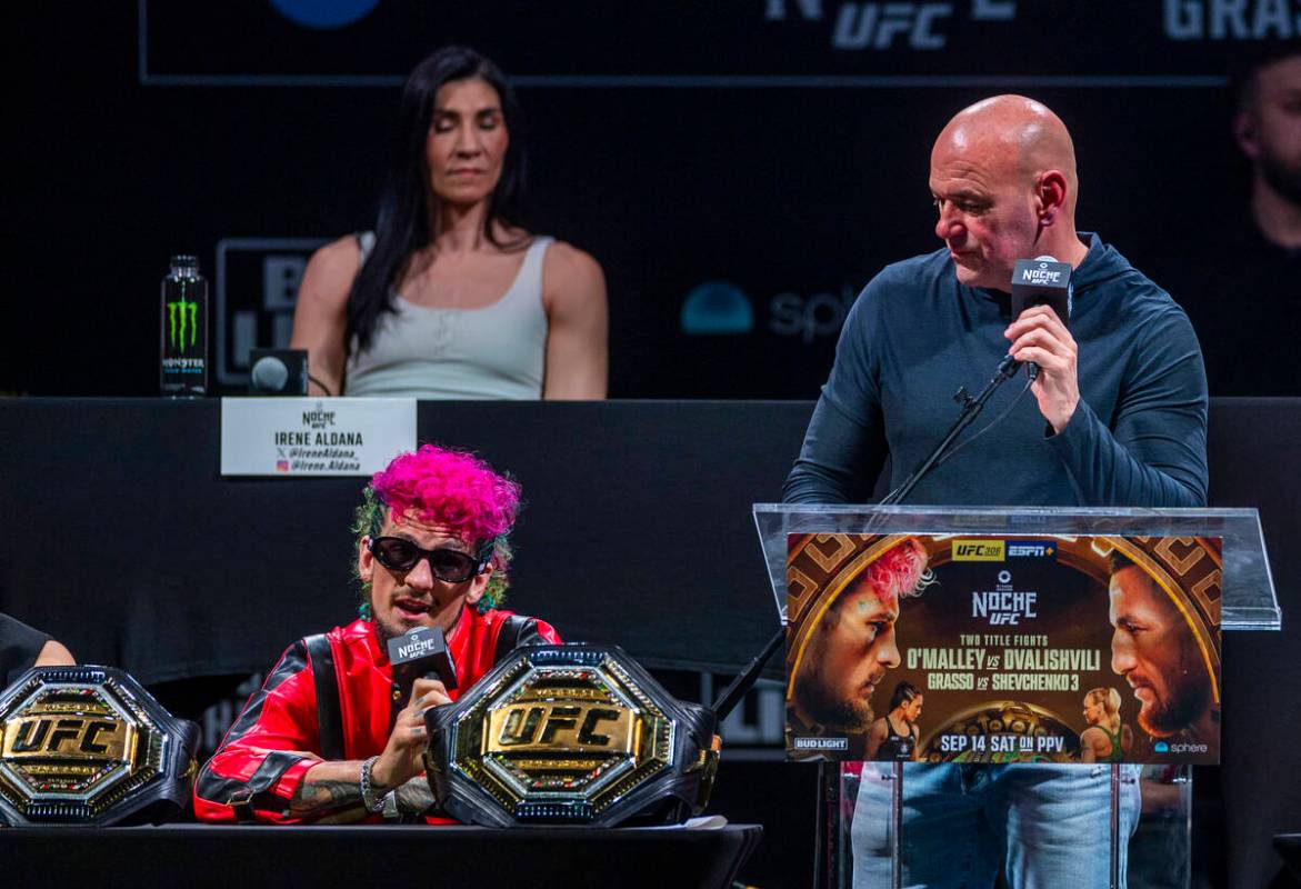 Fighter Sean O'Malley speaks as Dana White moderates during the UFC 306 press conference at the ...