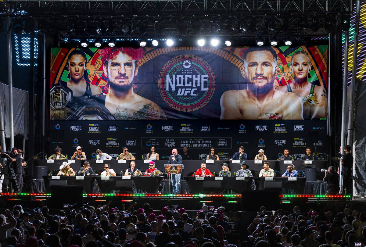 Dana White talks to the fans as he moderates during the UFC 306 press conference at the Sphere ...