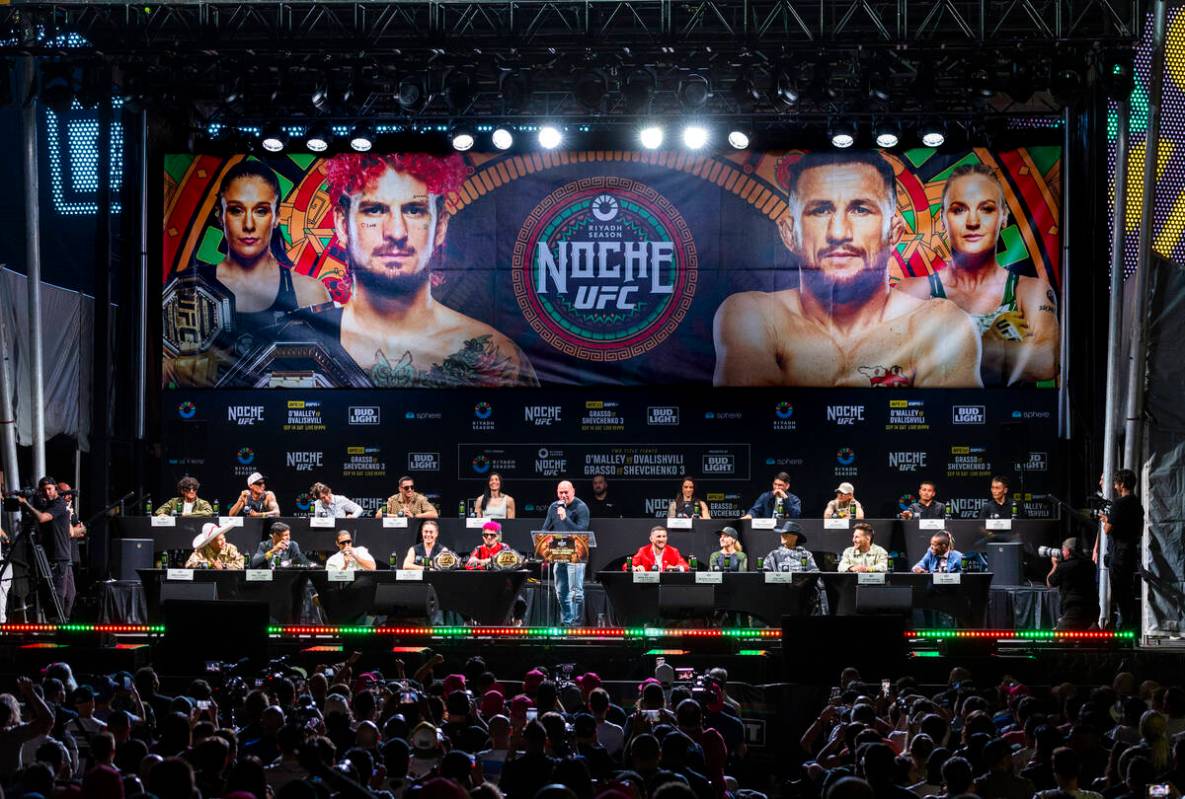 Dana White talks to the fans as he moderates during the UFC 306 press conference at the Sphere ...