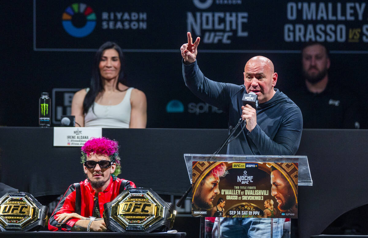 Dana White talks to the fans during the UFC 306 press conference at the Sphere on Thursday, Sep ...