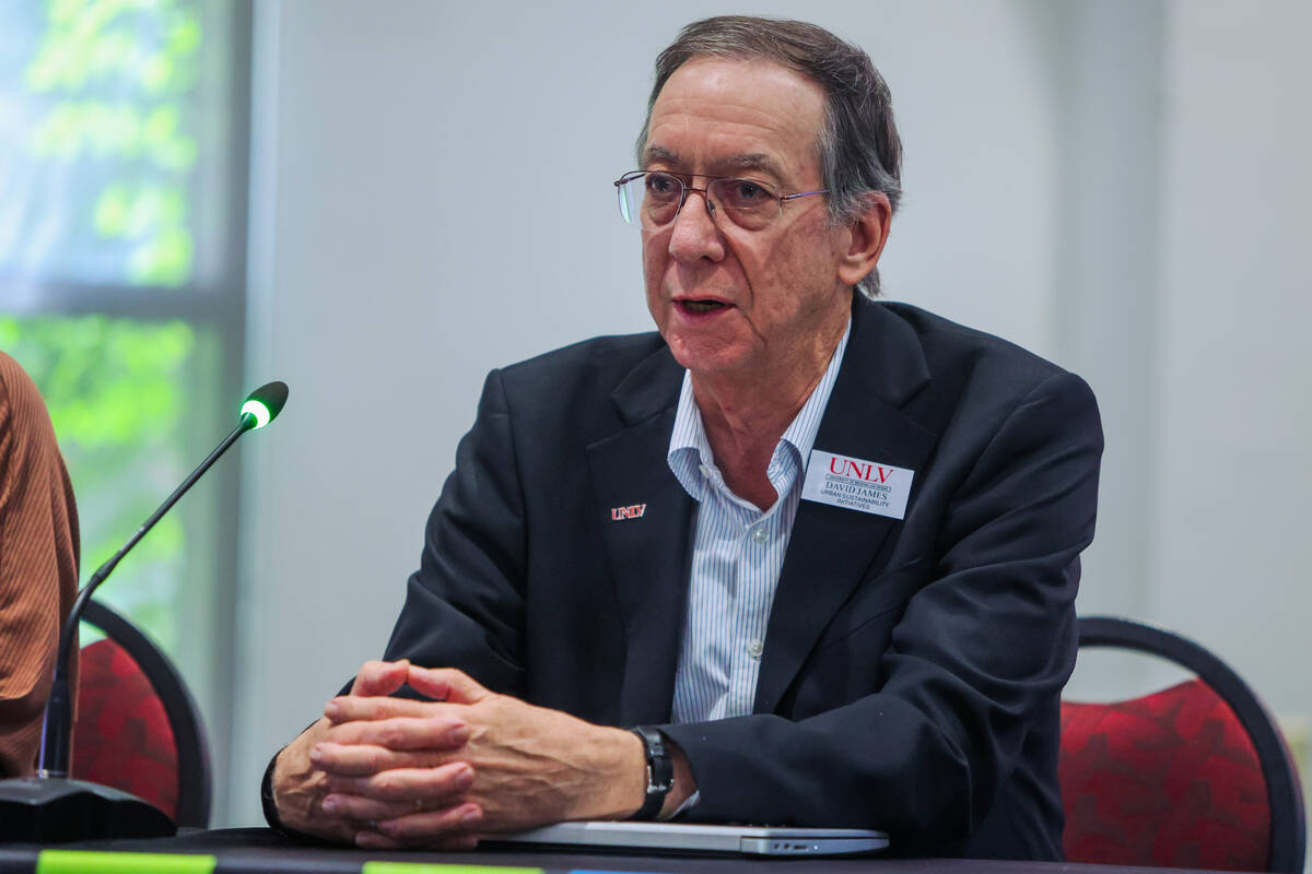 UNLV professor David James speaks during a panel at an event to launch the Rebel Climate Action ...