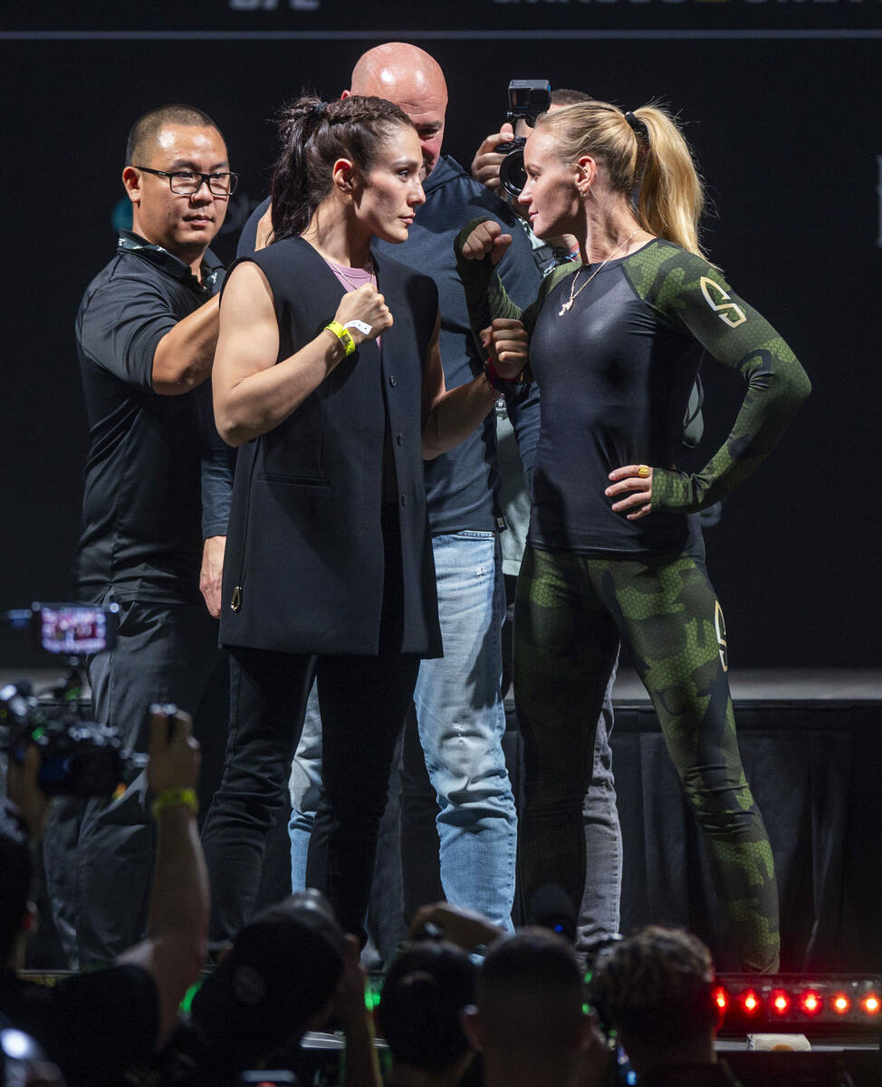 Fighters Alexa Grasso, left, and Valentina Shevchenko face off during the UFC 306 press confere ...