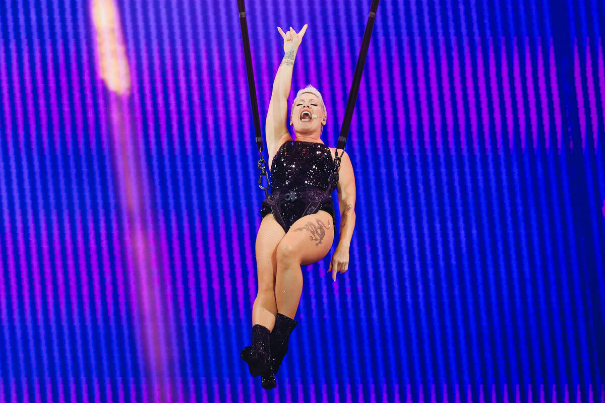 Pink performs during a stop on her “Summer Carnival Tour” at Allegiant Stadium on ...