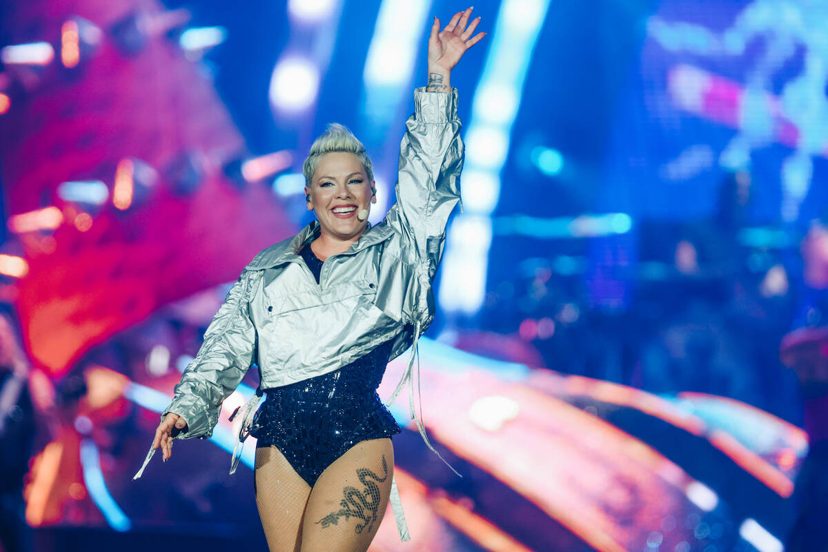 Pink performs during a stop on her “Summer Carnival Tour” at Allegiant Stadium on ...