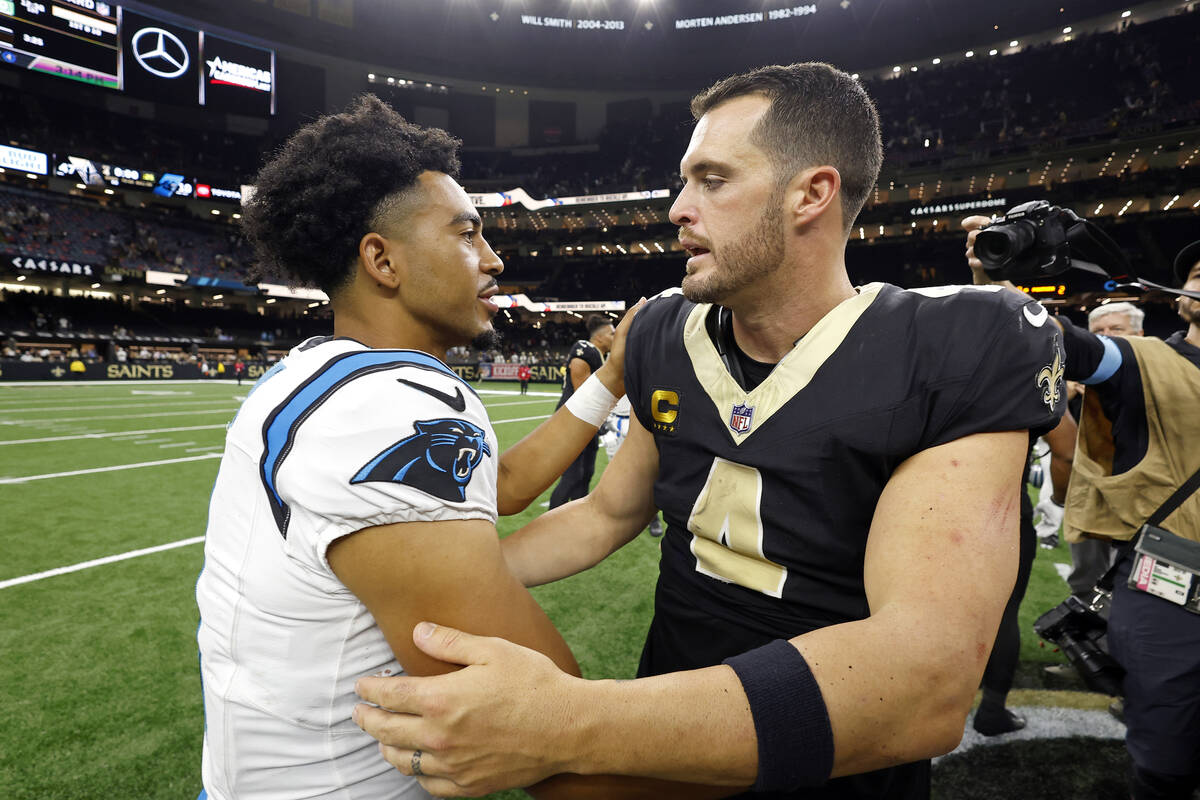 New Orleans Saints quarterback Derek Carr (4) and Carolina Panthers quarterback Bryce Young (9) ...