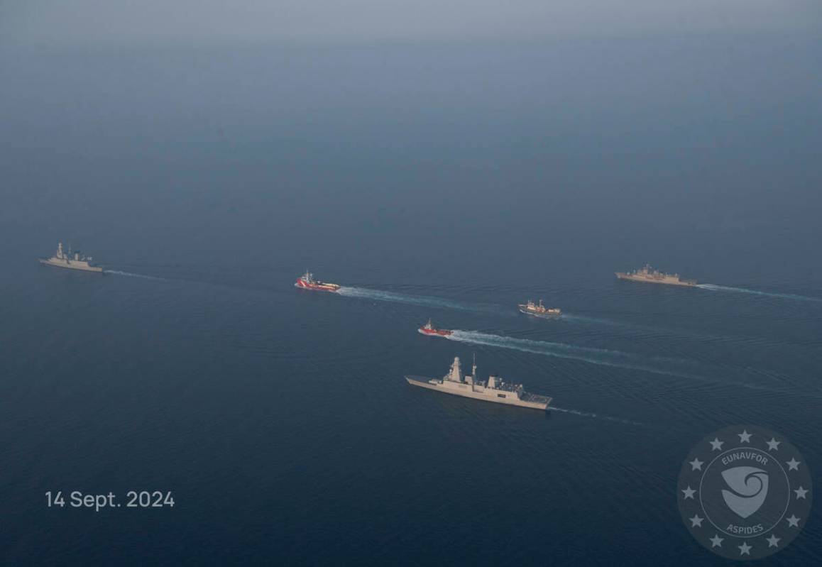 This photo released by the European Union’s Operation Aspides shows warships attached to ...