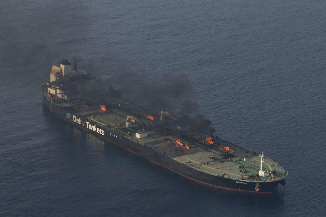 This photo released by the European Union's Operation Aspides naval force shows the oil tanker ...