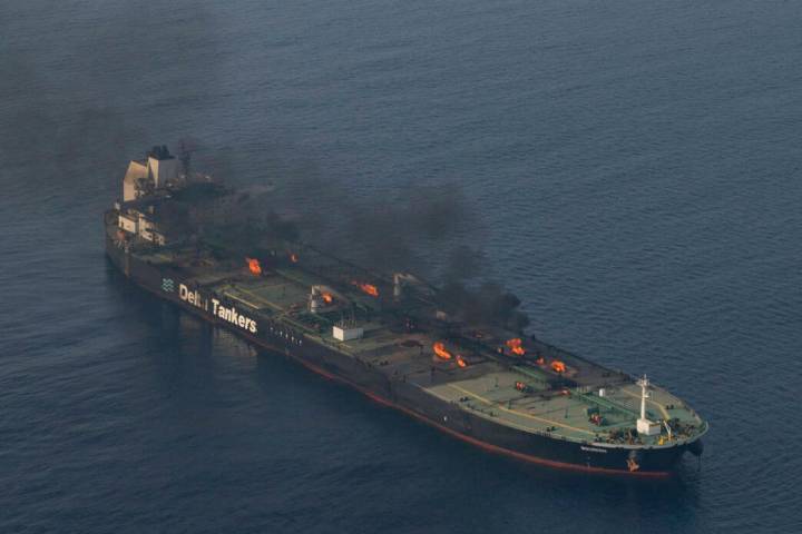 This photo released by the European Union's Operation Aspides naval force shows the oil tanker ...