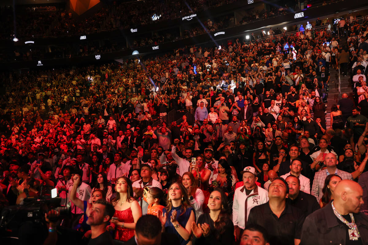 The crowd is on their feet after Canelo Alvarez defeated Edgar Berlanga during a super middlewe ...