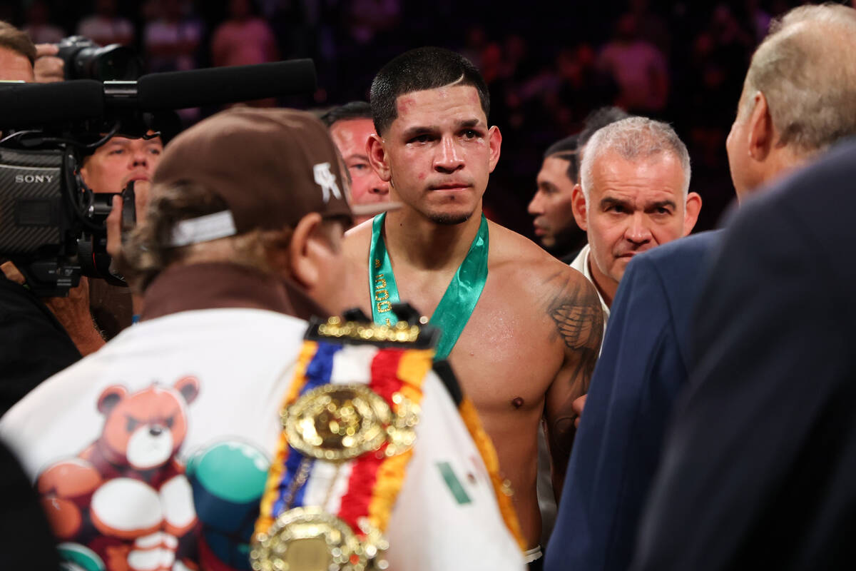 Edgar Berlanga reacts after Canelo Alvarez defeated him in a super middleweight championship bo ...