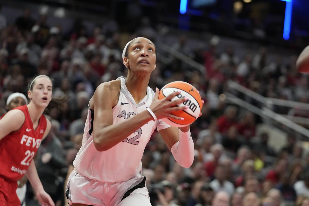 Las Vegas Aces' A'ja Wilson shoots during the second half of a WNBA basketball game against the ...