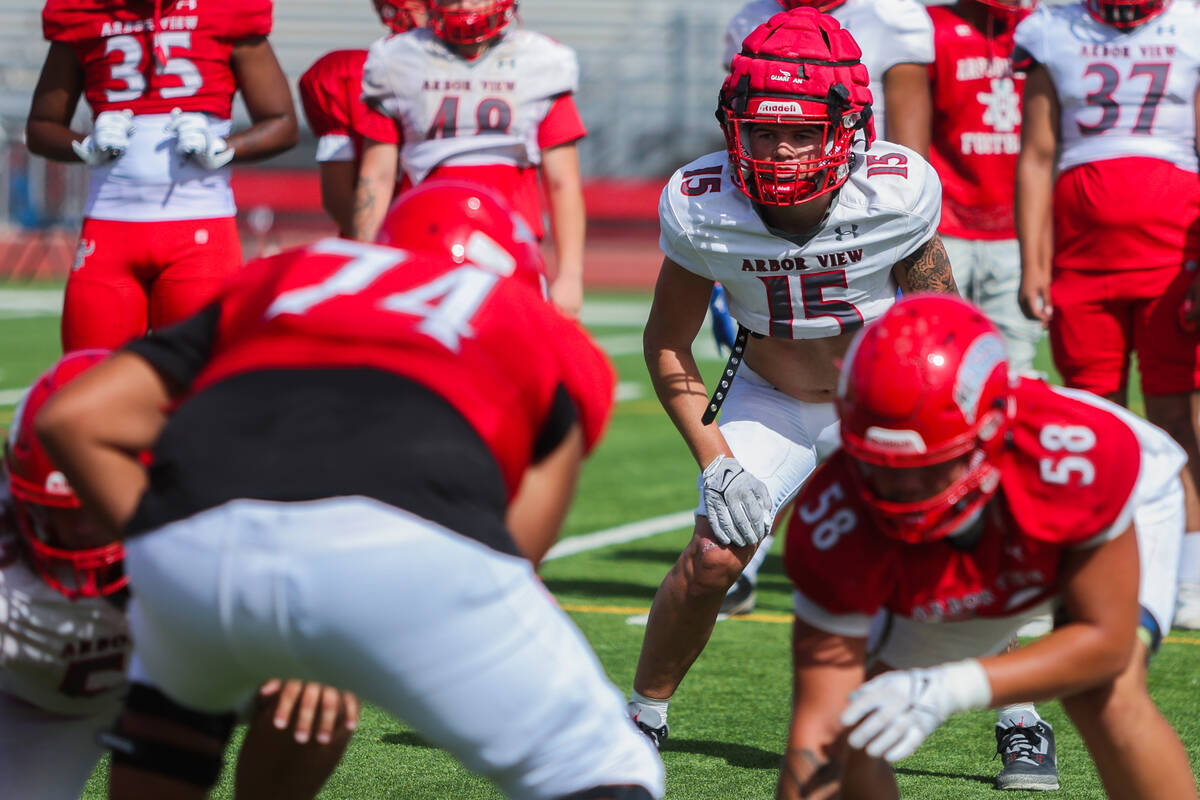 Arbor View linebacker Christian Thatcher runs a drill during a practice at Arbor View High Scho ...