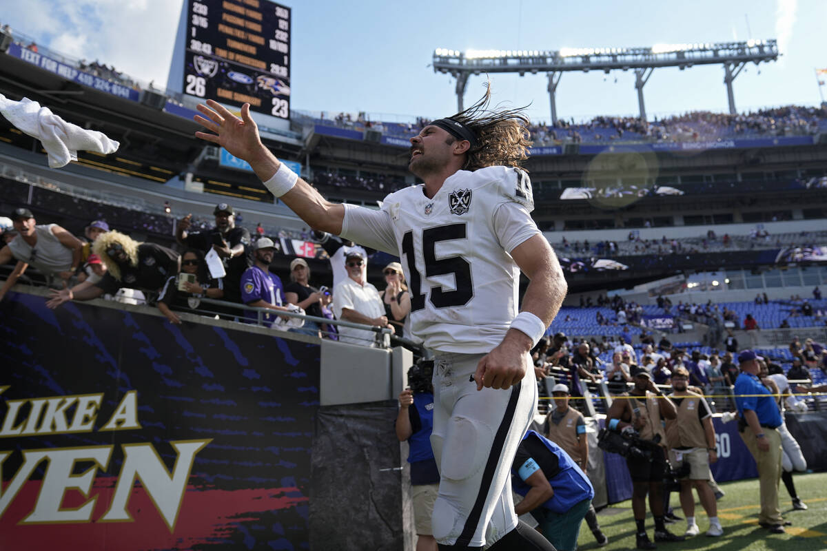 Las Vegas Raiders quarterback Gardner Minshew (15) runs off the field after the Las Vegas Raide ...