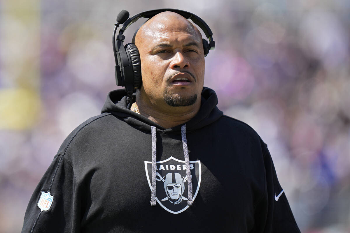 Las Vegas Raiders head coach Antonio Pierce during the first half of an NFL football game again ...