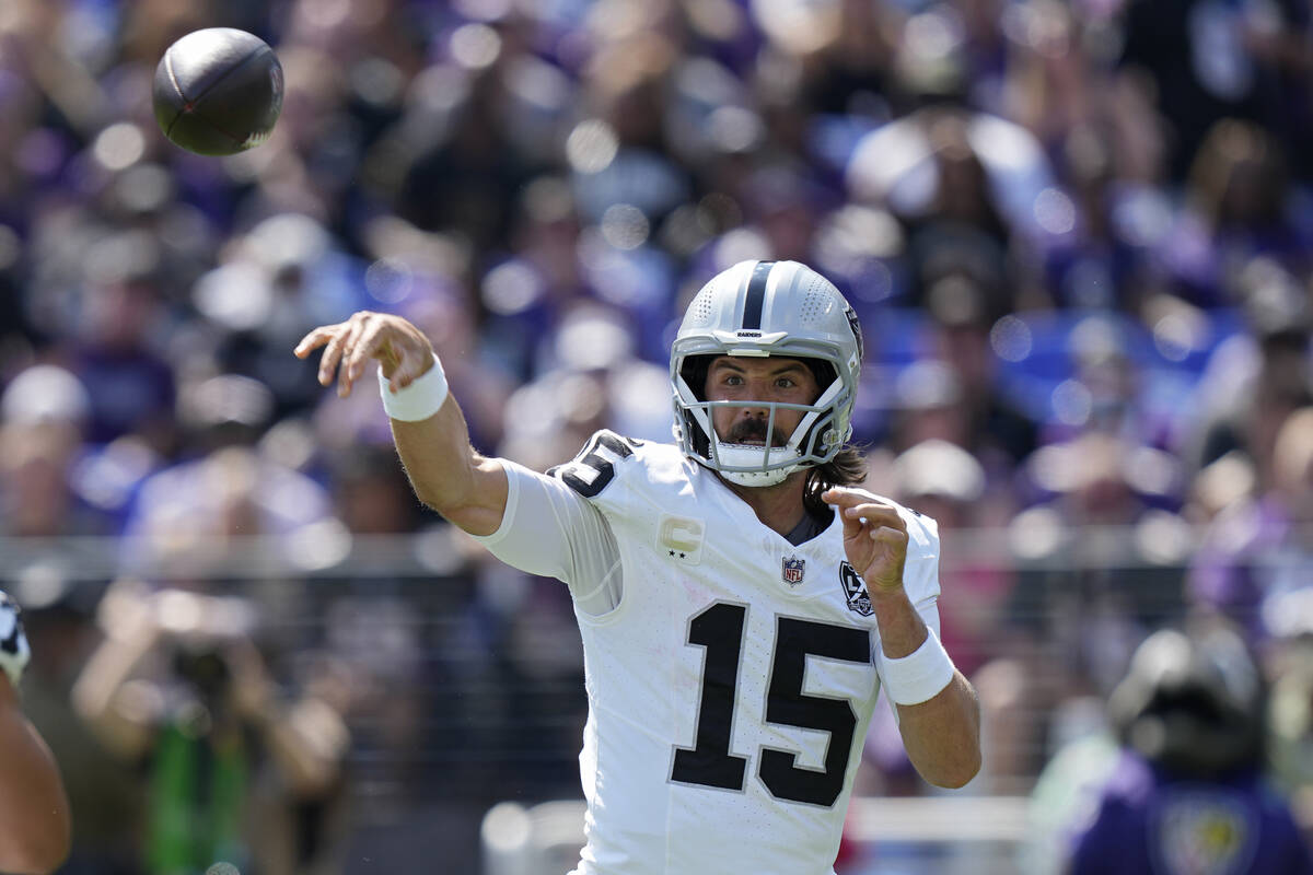 Las Vegas Raiders quarterback Gardner Minshew (15) throws against the Baltimore Ravens during t ...