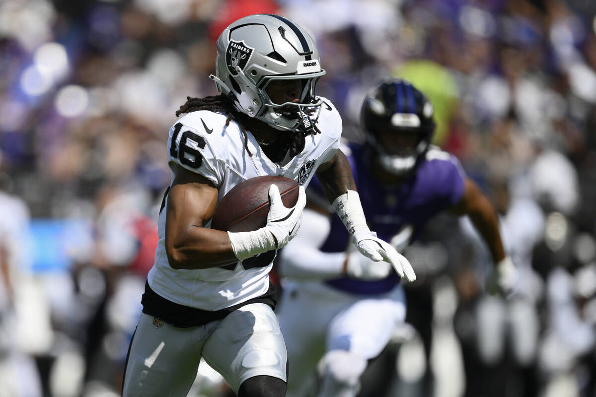 Las Vegas Raiders wide receiver Jakobi Meyers (16) runs against the Baltimore Ravens during the ...