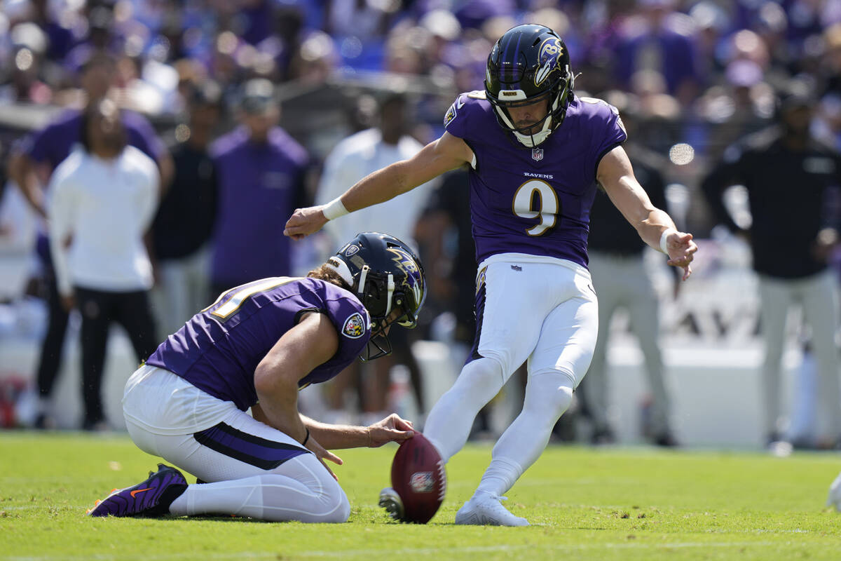 Baltimore Ravens place kicker Justin Tucker (9) kicks a field goal against the Las Vegas Raider ...