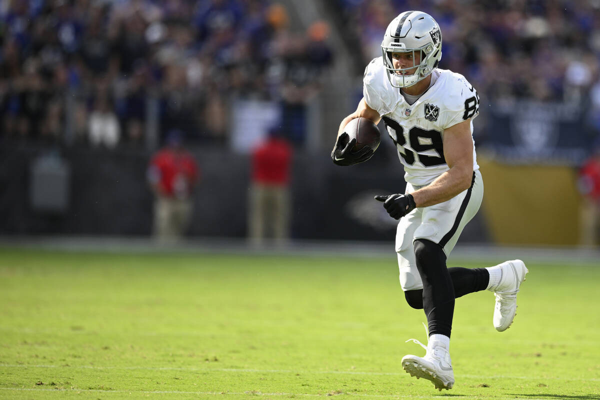 Las Vegas Raiders tight end Brock Bowers (89) runs against the Baltimore Ravens during the seco ...