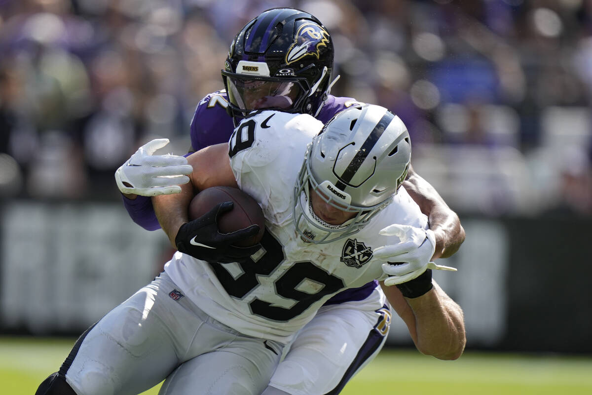 Las Vegas Raiders tight end Brock Bowers (89) runs against the Baltimore Ravens during the seco ...