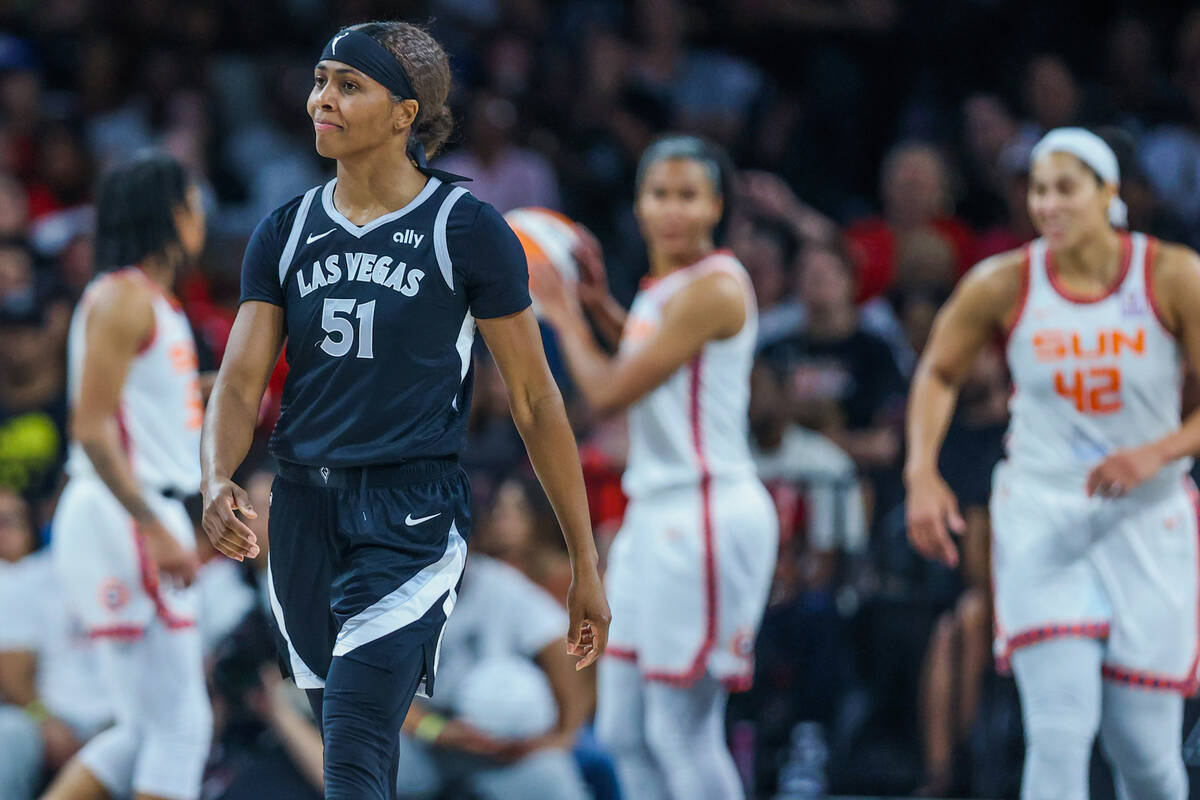 Aces guard Sydney Colson (51) reacts after turning the ball over to the Connecticut Sun during ...