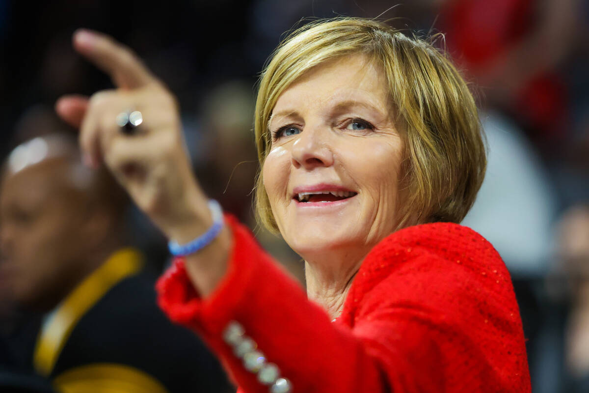 U.S. Rep. Susie Lee, D-Nev., watches game action during a WNBA basketball game between the Aces ...