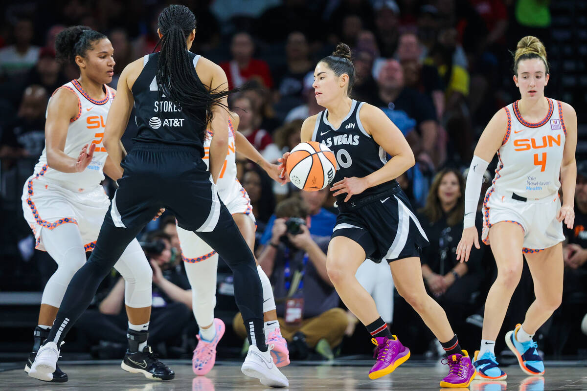 Aces guard Kelsey Plum (10) dribbles the ball during a WNBA basketball game between the Aces an ...