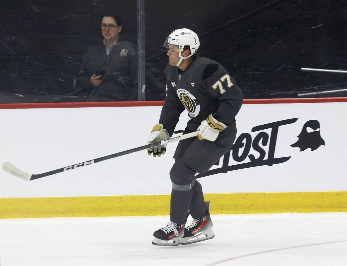 Golden Knights forward Kai Uchacz (77) skates during first day of Golden Knights rookie camp at ...