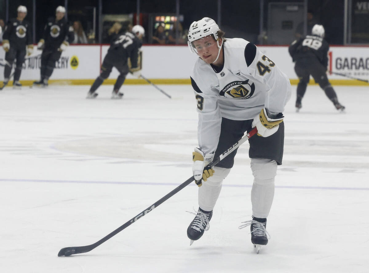 Golden Knights defenseman Mazden Leslie (43) prepares to shoot during first day of Golden Knigh ...