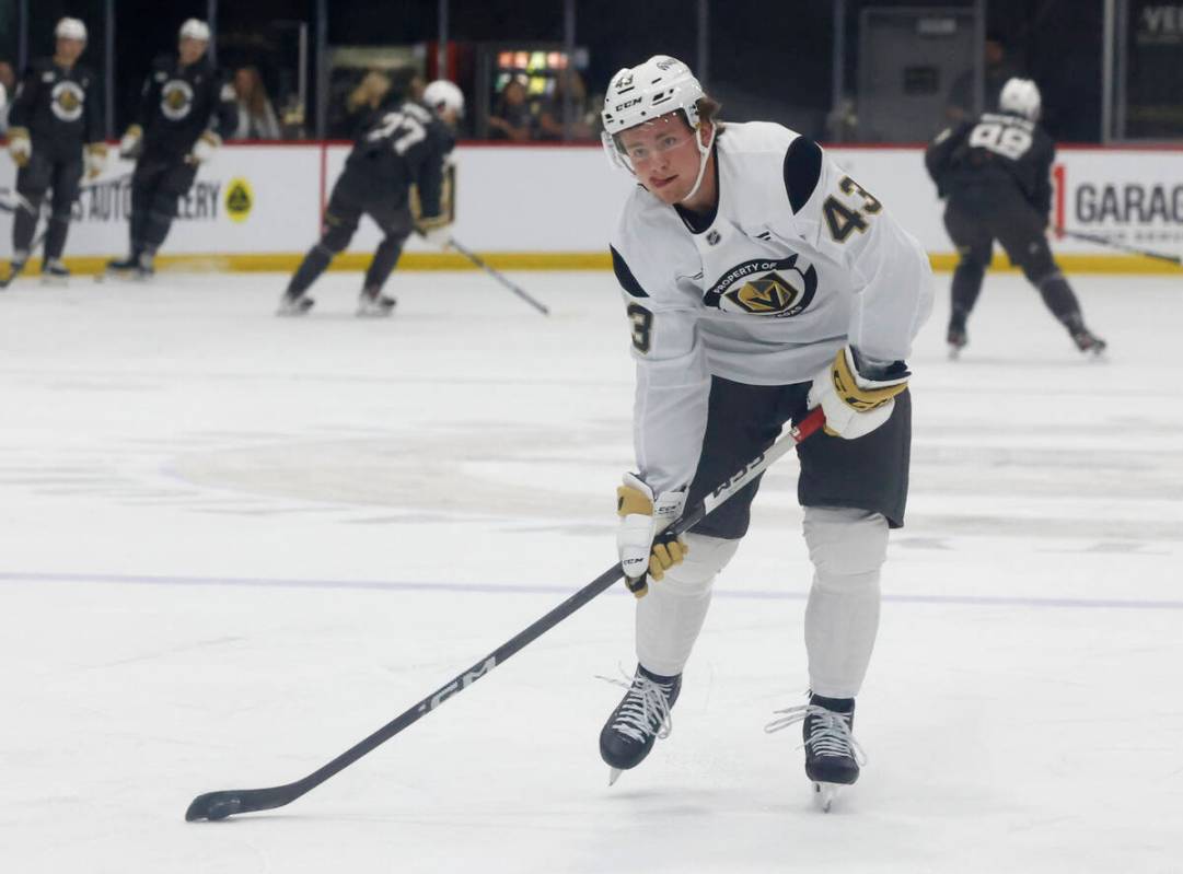 Golden Knights defenseman Mazden Leslie (43) prepares to shoot during first day of Golden Knigh ...