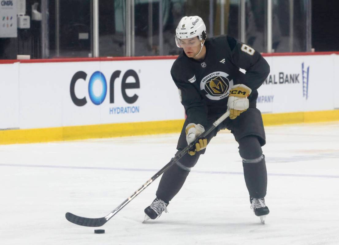 Golden Knights forward Mathieu Cataford (8) skates with the puck during first day of Golden Kni ...