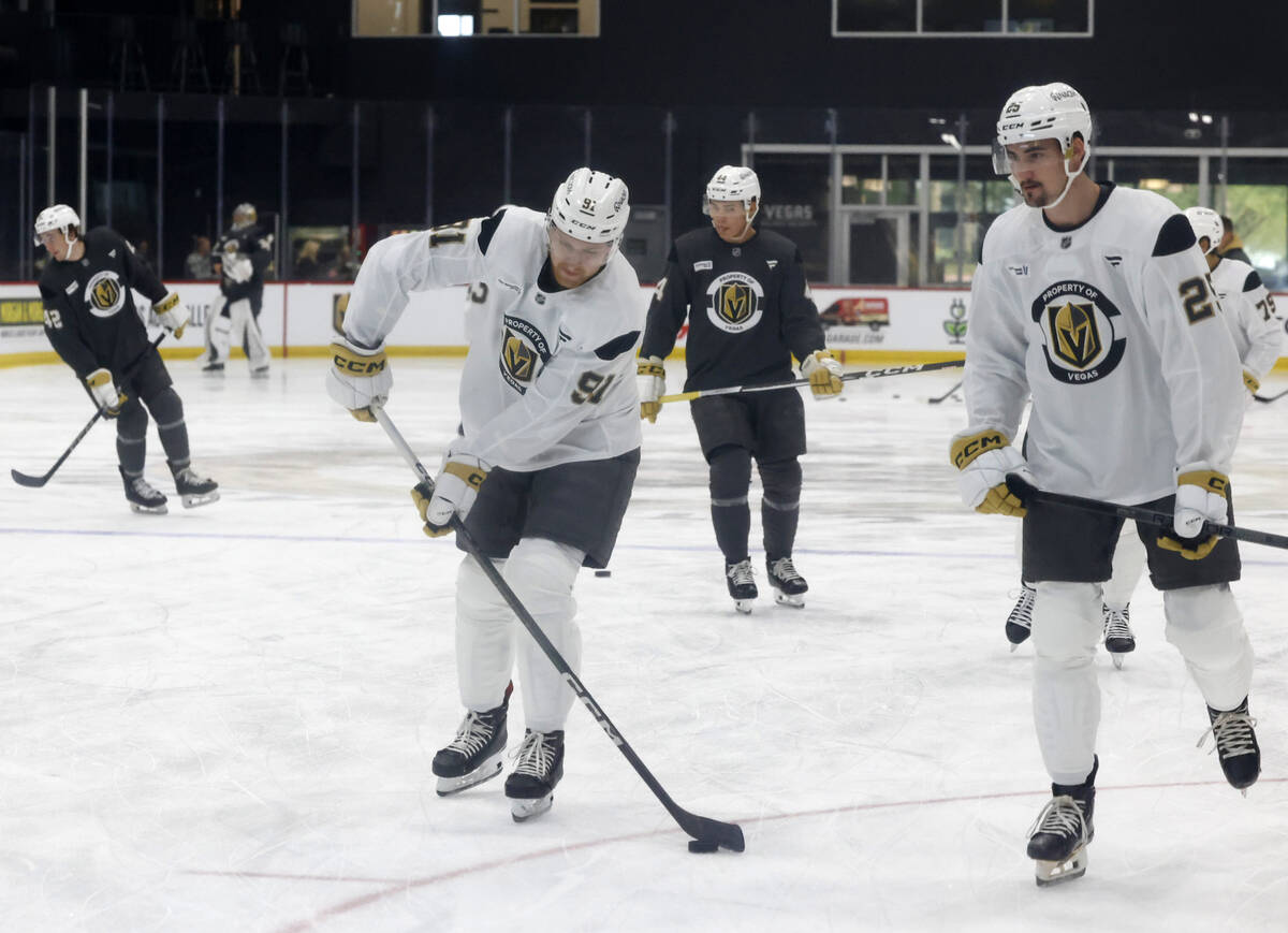 Golden Knights forward Jett Jones (91) skates with the puck during first day of Golden Knights ...