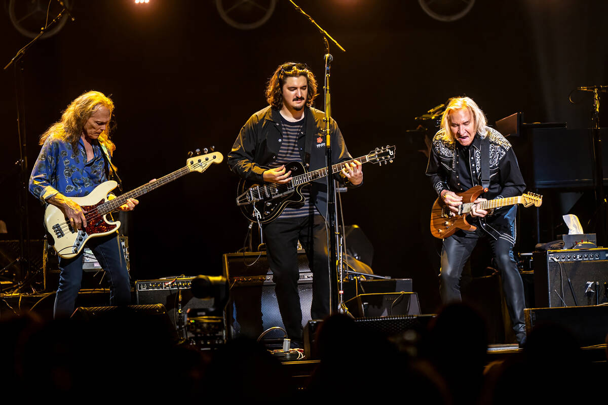 From left, Timothy B. Schmit, Deacon Frey and Joe Walsh of the Eagles, who open their residency ...