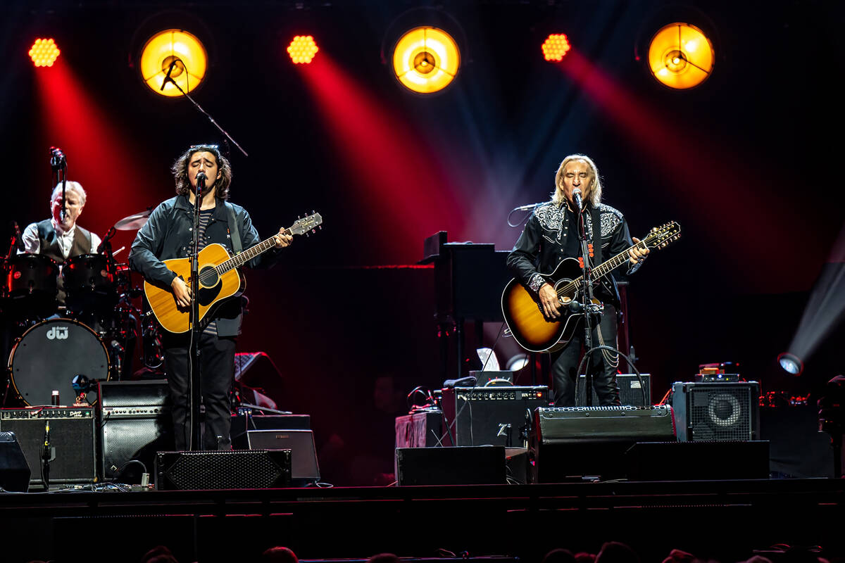 From left, Don Henley, Deacon Frey and Joe Walsh of the Eagles, who open their residency run at ...